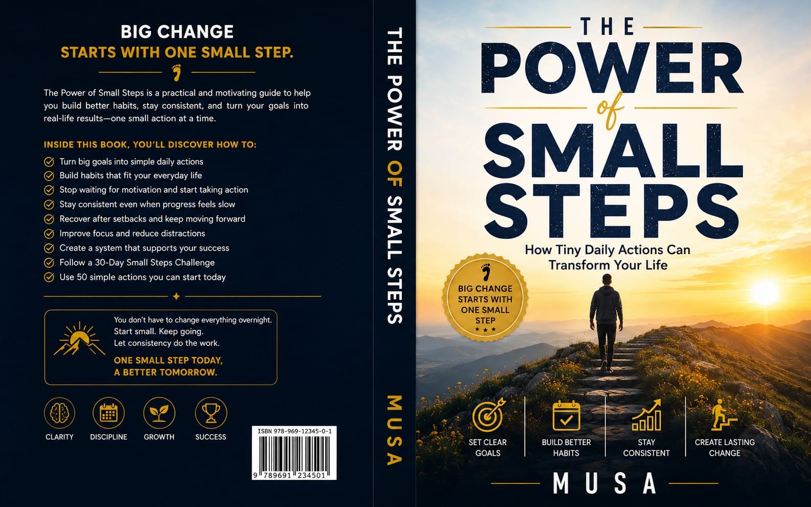 Book cover design for The Power of Small Steps with motivational text and a person standing on a mountain at sunrise