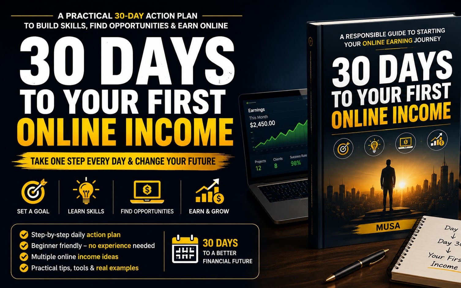 30-day online income plan ebook cover with laptop, charts, notebook and motivational text for starting online earnings