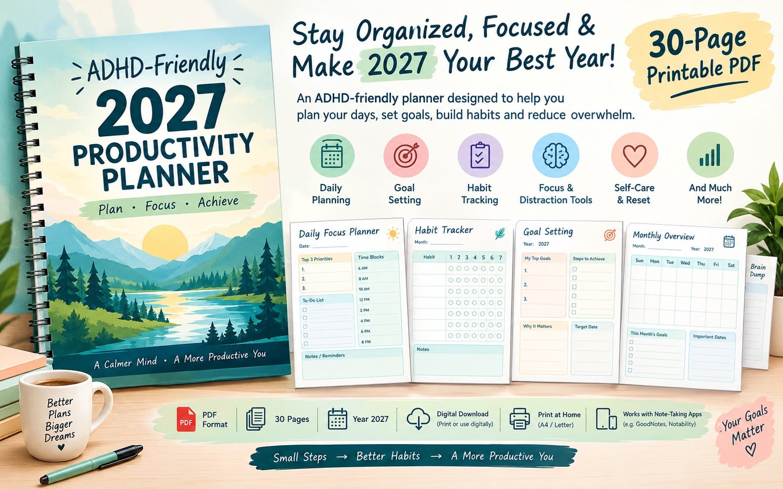ADHD-Friendly 2027 Productivity Planner | 30-Page Printable PDF