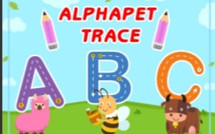 Kids alphabet tracing workbook cover with large letters A, B, C and playful animals and learning activities