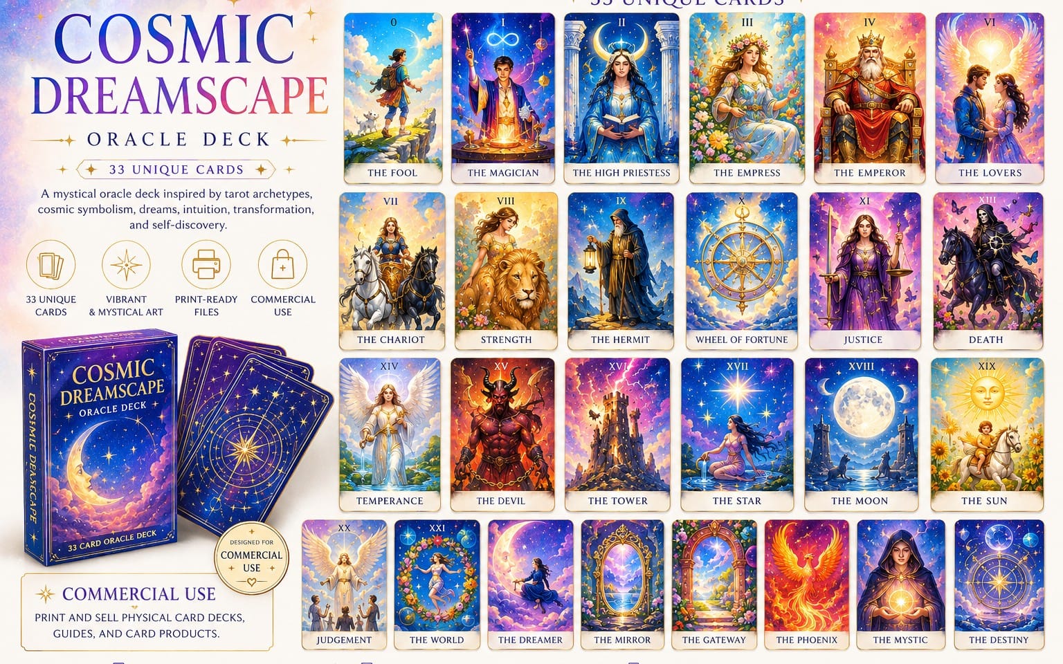 Cosmic Dreamscape Oracle Deck — Commercial Use Printable Card Deck