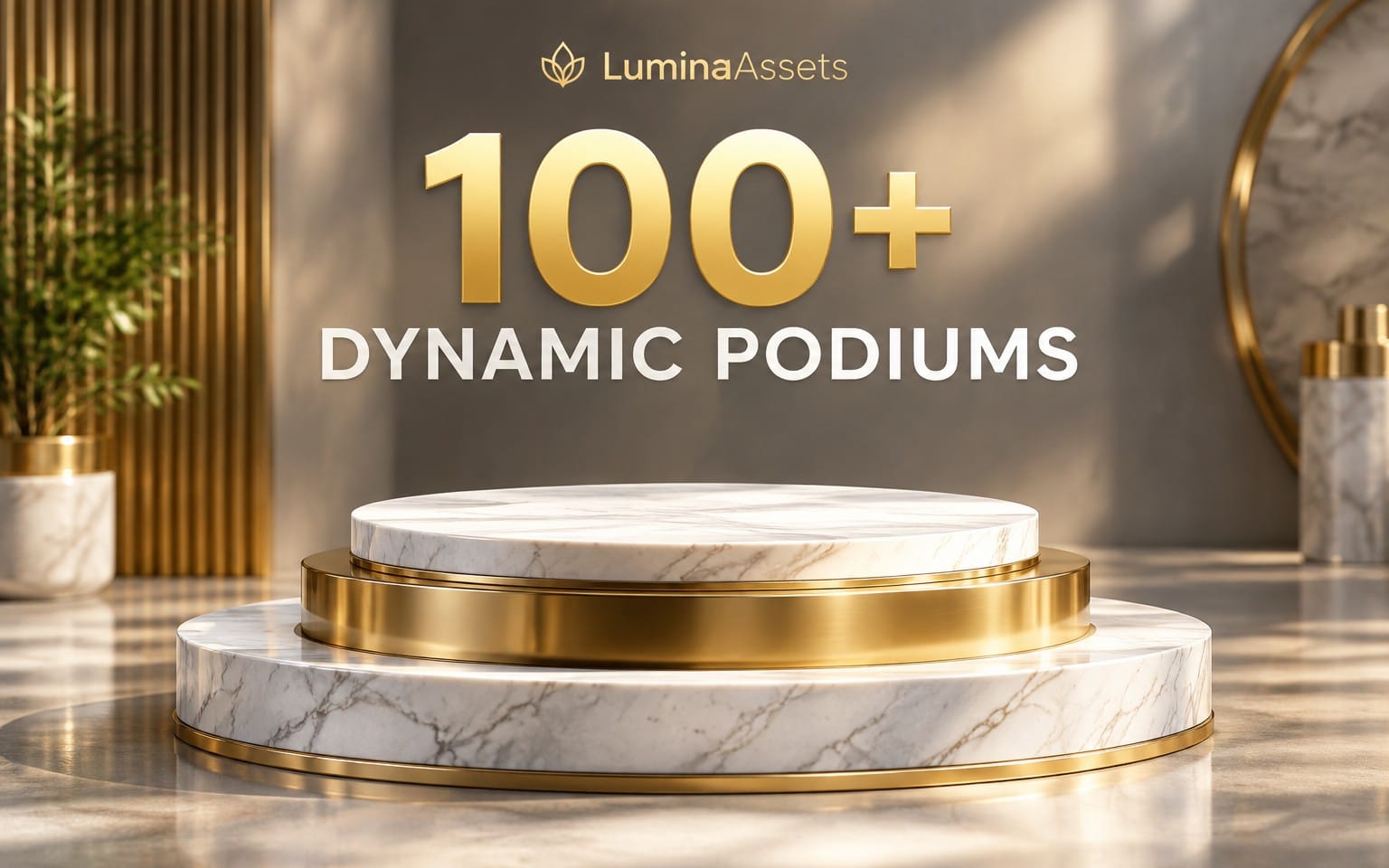 Luxury product mockup podium with gold and marble stages and 100+ dynamic podium variations background scene