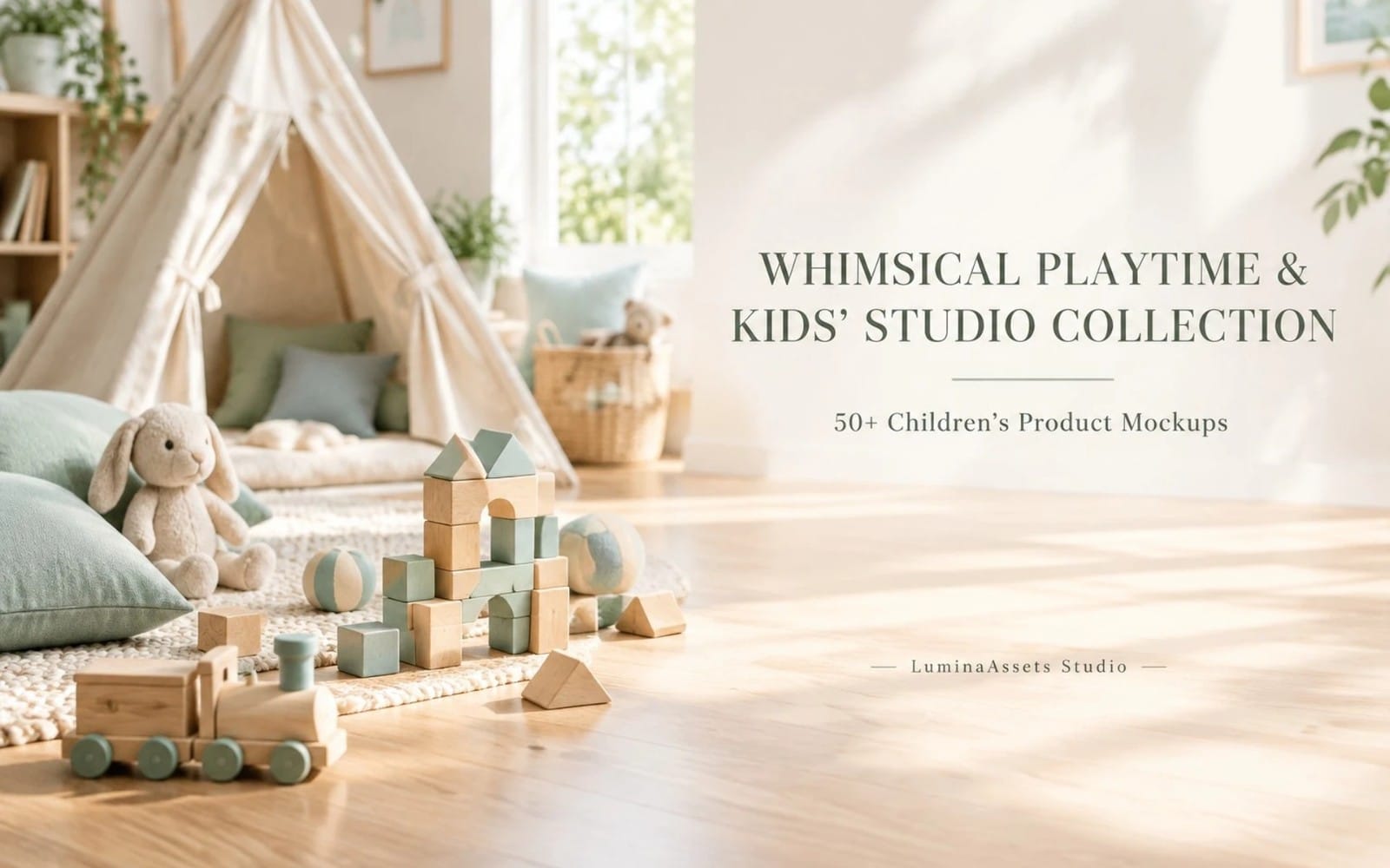 Playroom mockup background with soft toys, wooden blocks, and a tent in a cozy children’s studio for AI prompts