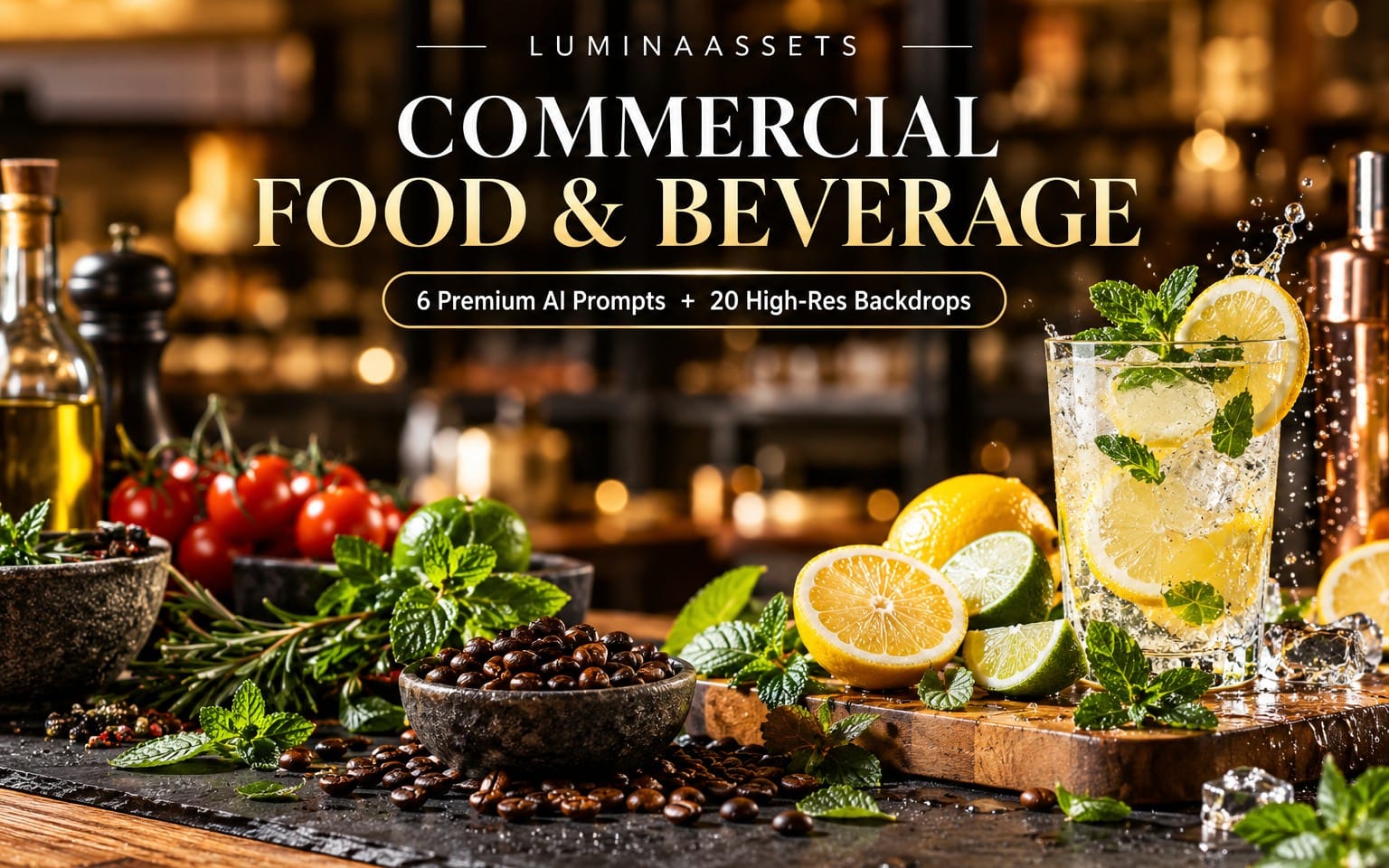 Commercial food and beverage background bundle with cocktail glass, lemons, herbs, tomatoes, coffee beans, and bar