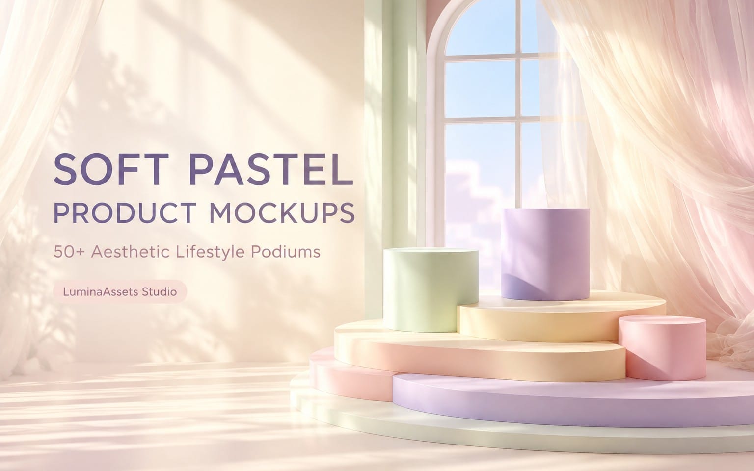 Soft pastel product mockup banner with pastel skincare cosmetics podiums and floating text for an AI prompt bundle
