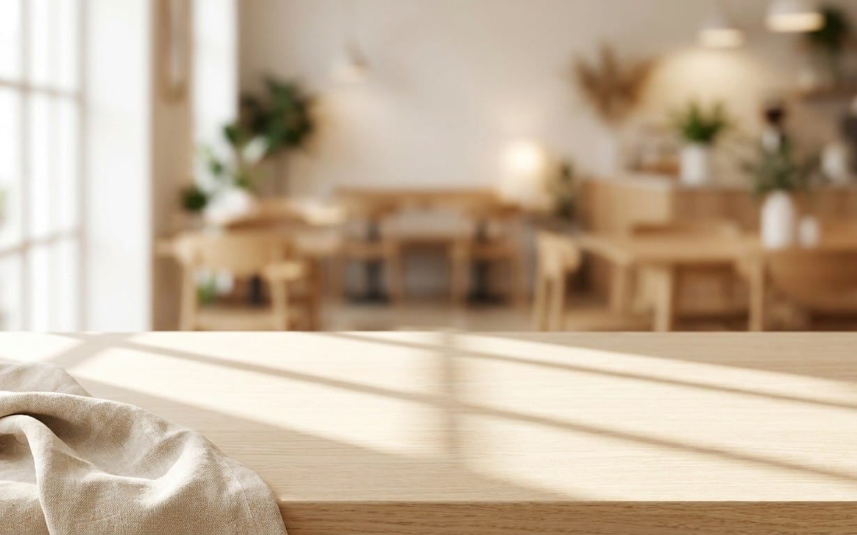Soft beige wood table with draped linen and blurred café background, commercial food and beverage background bundle