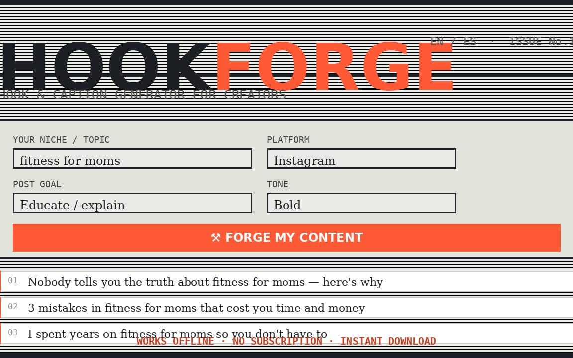HookForge — Instant Hook & Caption Generator (EN/ES, No AI Subscription)