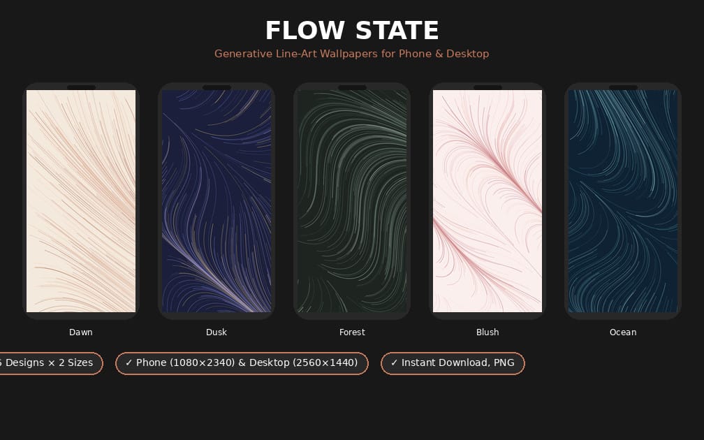 Flow State — Generative Line-Art Wallpapers (Phone + Desktop, 6 Designs)
