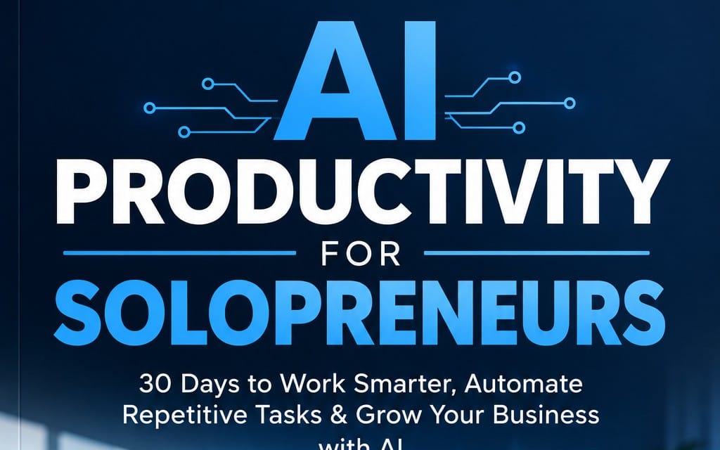 AI productivity digital guide banner for solopreneurs with text and circuit background
