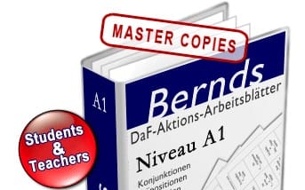 Stack of German worksheets titled Niveau A1 Master Copies Arbeistblätter Daf Aktions A1
