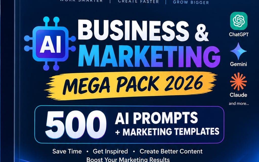 AI Business & Marketing Mega Pack 2026 cover banner with 500 AI prompts and marketing templates text