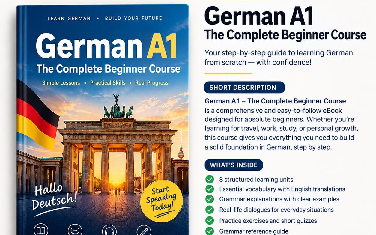 German A1 complete beginner course eBook cover with title text and Brandenburg Gate illustration