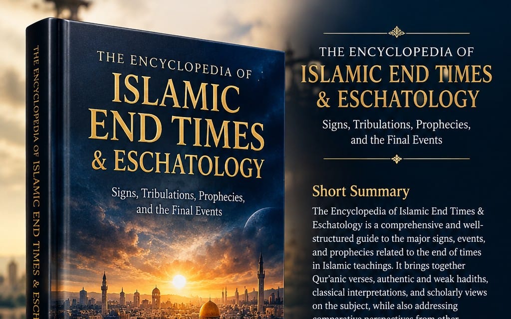 Book cover titled The Encyclopedia of Islamic End Times and Eschatology with Islamic city skyline and moon background