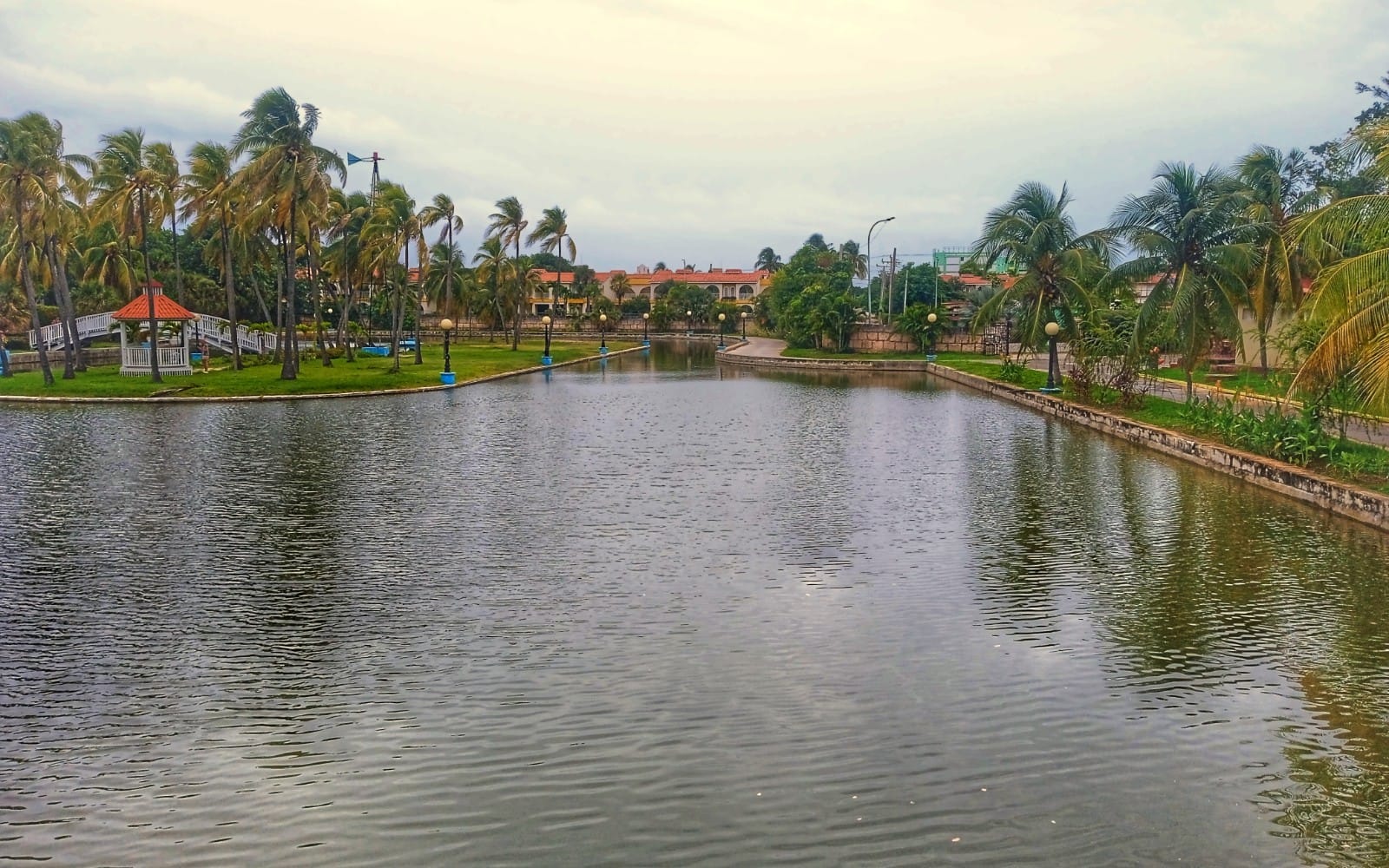 Paisaje del Parque Ozone con un estanque tranquilo, palmeras y edificios al fondo en fotografías de viaje