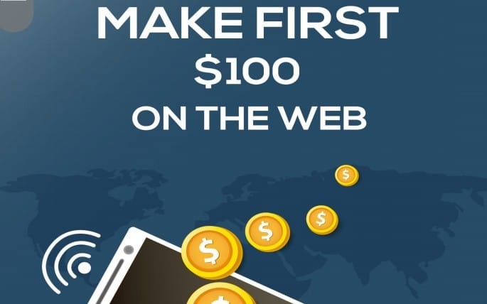 Blue promotional banner for Make First $100 on the Web digital course with dollar coin icons and smartphone silhouette