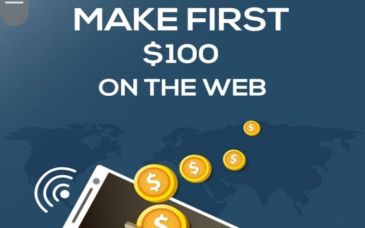 Digital marketing ebook cover with Make First $100 online text, smartphone, wifi icon, and floating dollar coins