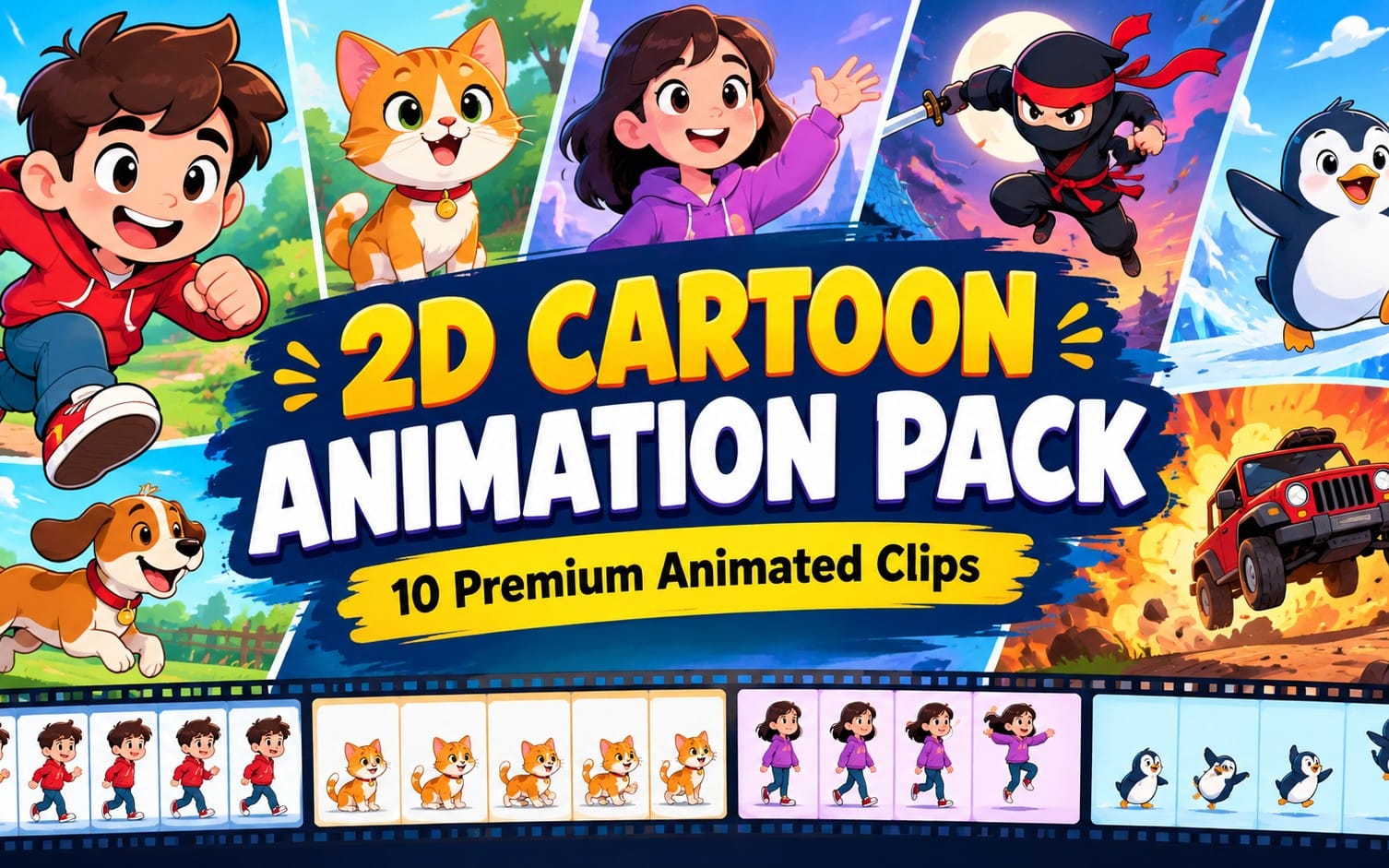2D cartoon animation pack banner with character clips of a boy, cat, and ninja penguin and jeep scene