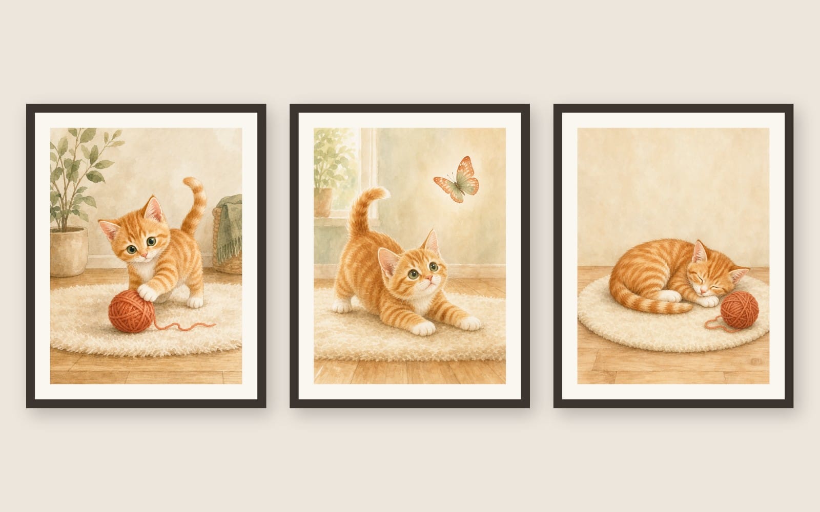 Ginger Kitten Nursery Wall Art Set of 3 — Cute Watercolor Cat Prints, Playful Kitten Baby Room Decor, Gender Neutral, Printable Digital Download