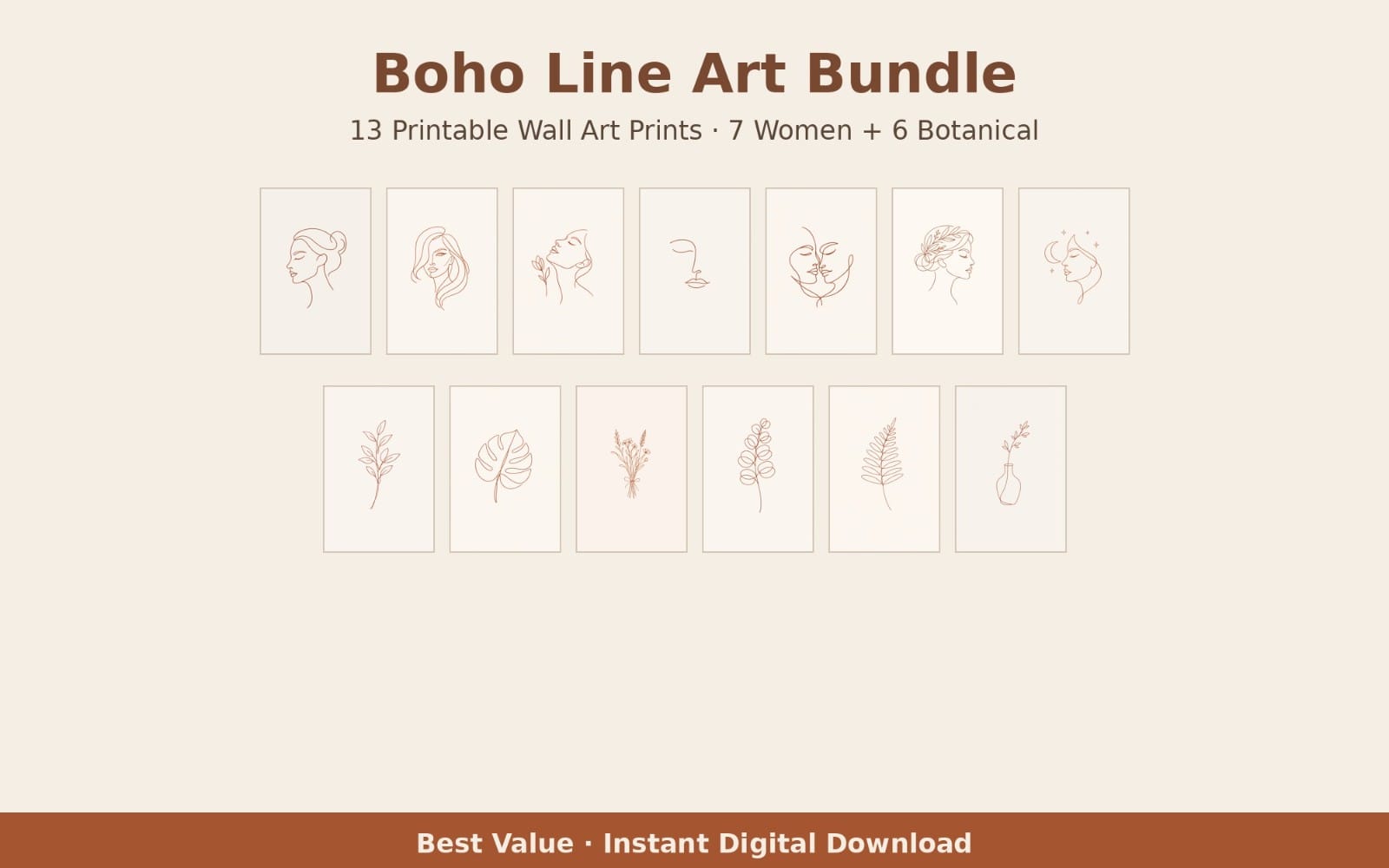 Boho Line Art Bundle – Set mit 13 druckbaren Wandkunst-Drucken | Terracotta-Frauen & botanische Liniendarstellungen | Digitaler Download für eine Gallery Wall