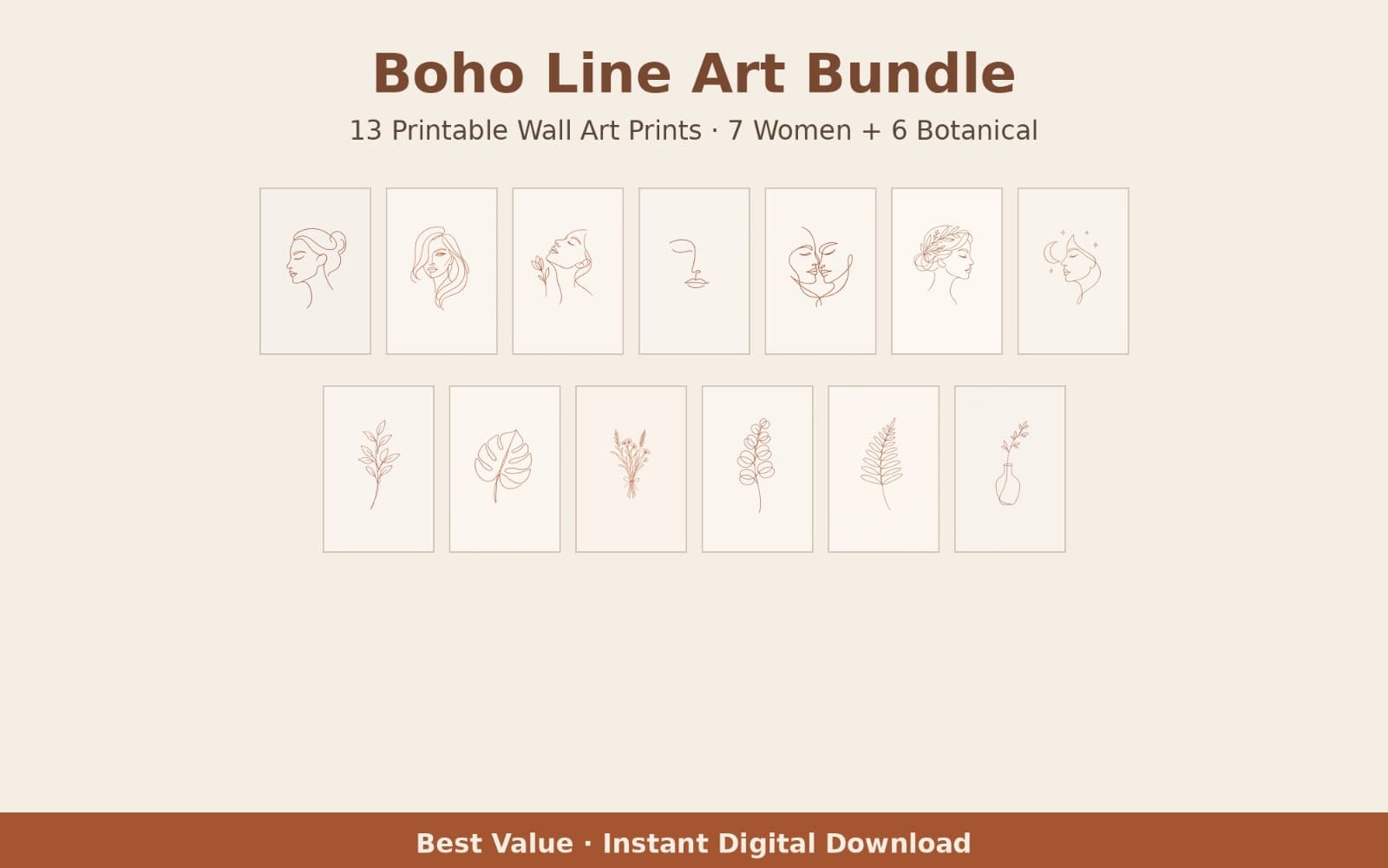 Boho Line Art Bundle - Set of 13 Printable Wall Art Prints | Terracotta Women & Botanical Line Drawing | Digital Download Gallery Wall
