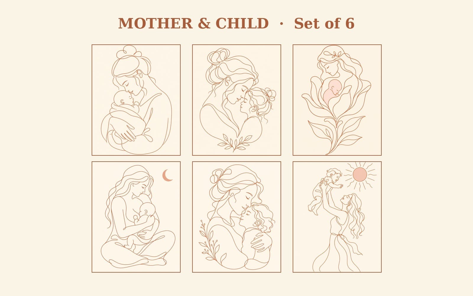 Mother & Child Line Art Set of 6 | Boho Terracotta Printable Wall Art | Nursery Decor | Motherhood Digital Download