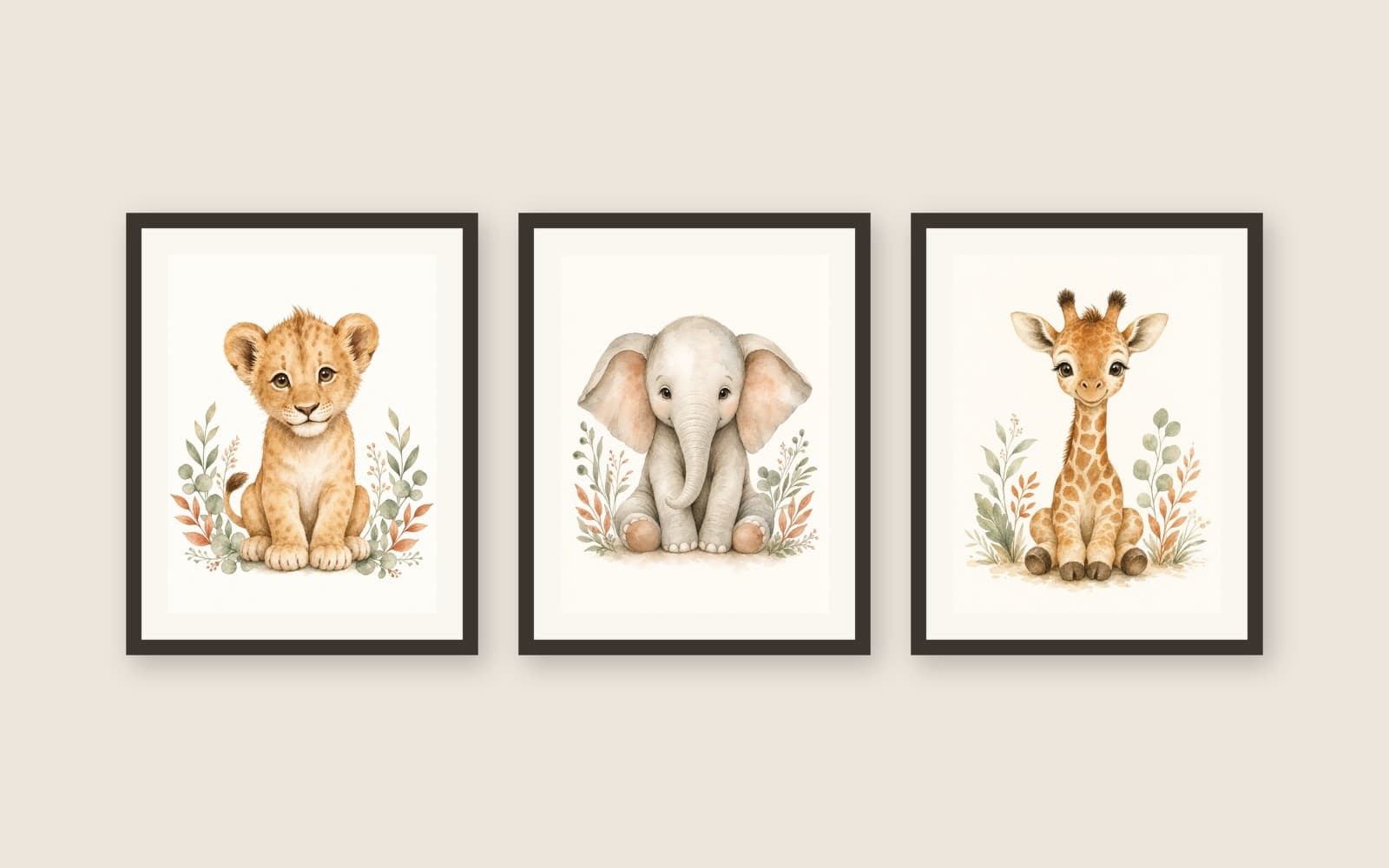 Safari Nursery Wall Art Set of 3 — Neutral Watercolor Animal Prints, Baby Lion Elephant Giraffe, Gender Neutral Nursery Decor, Printable Digital Download