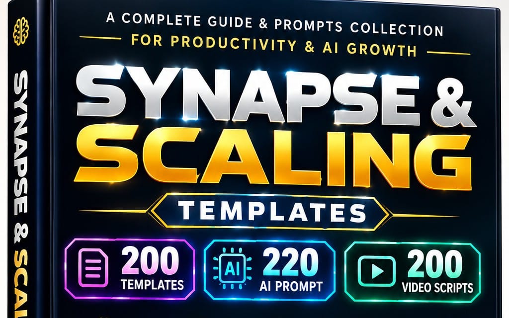 AI tool kit guide cover with Synapse & Scaling templates, 200 templates, 220 AI prompts, and 200 video scripts