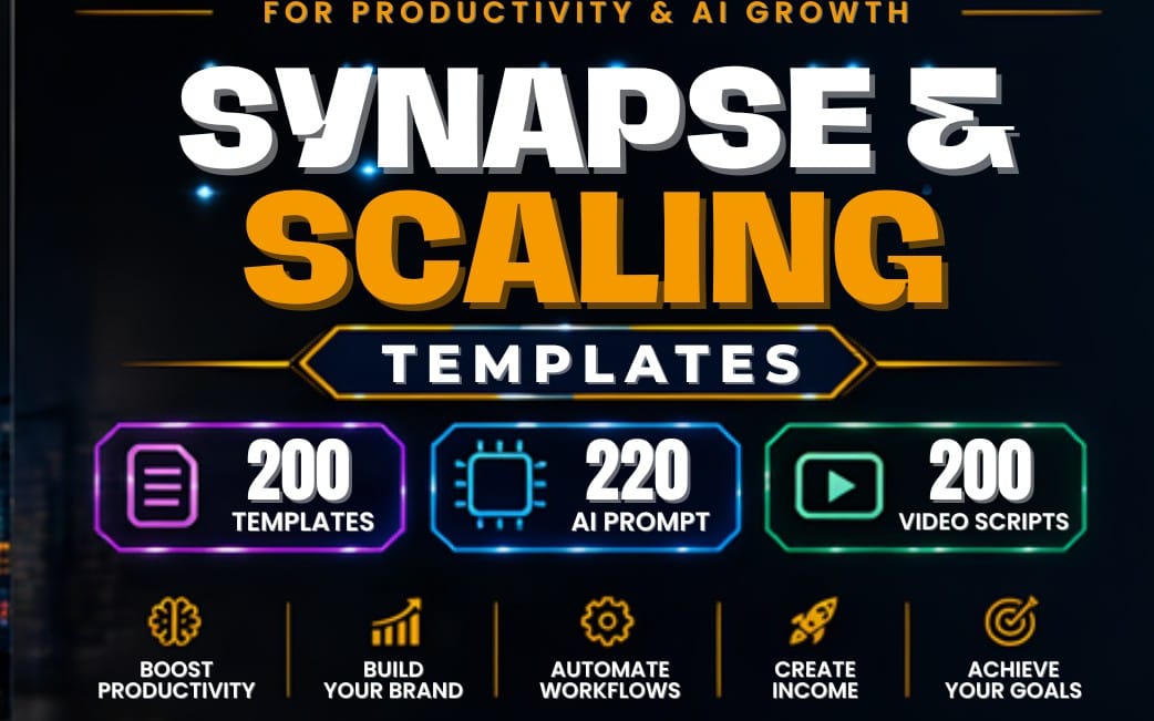 AI tool kit banner with Synapse & Scaling templates text plus 200 templates, 220 prompts, and 200 video scripts