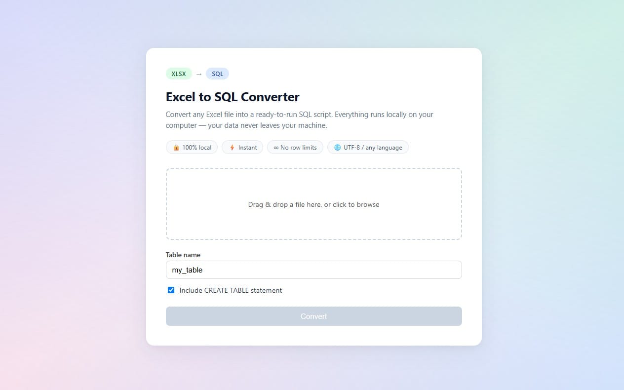 An Excel to SQL converter web app with drag-and-drop upload and table name input