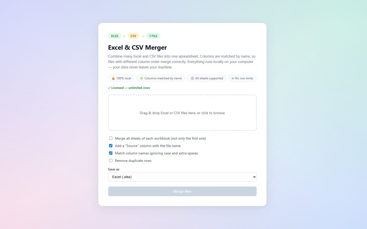 Webpage for Excel & CSV Merger with drag-and-drop upload box, checkboxes, and merge button