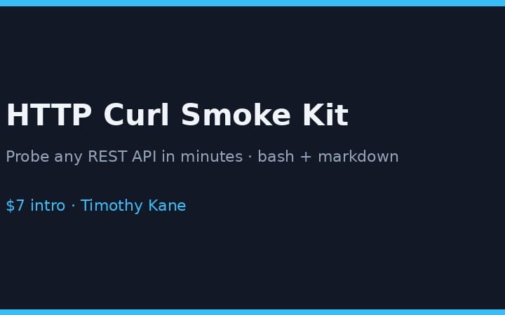 HTTP Curl Smoke Kit product landing page header showing “Probe any REST API in minutes” and pricing intro text