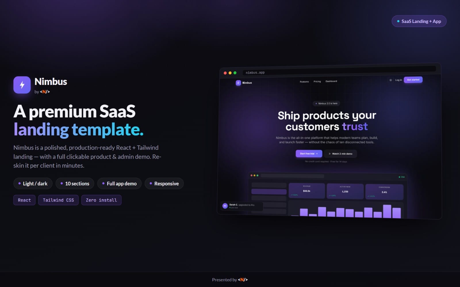 Nimbus — Premium React SaaS Landing + App Template