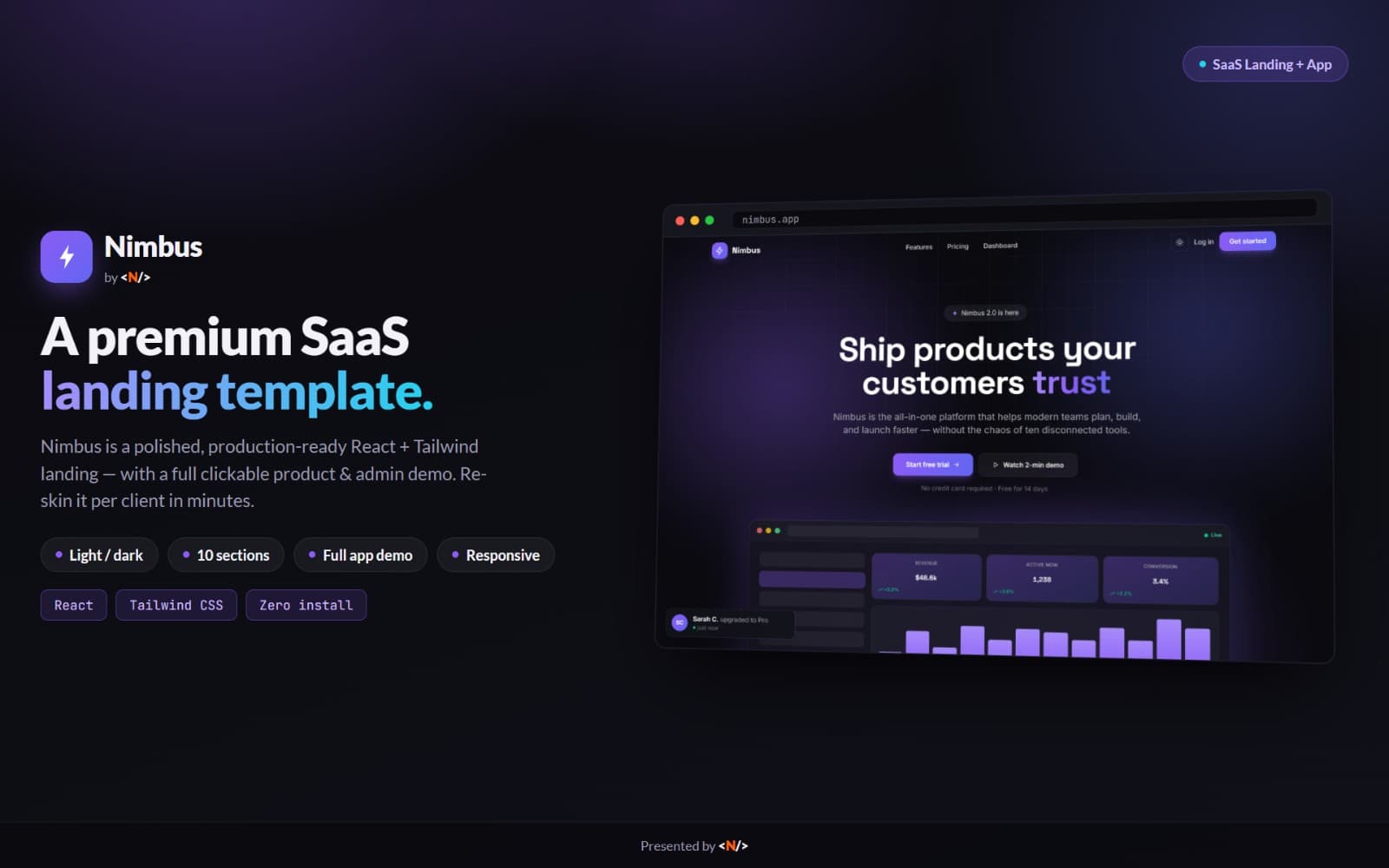Nimbus — Premium React SaaS Landing + App Template