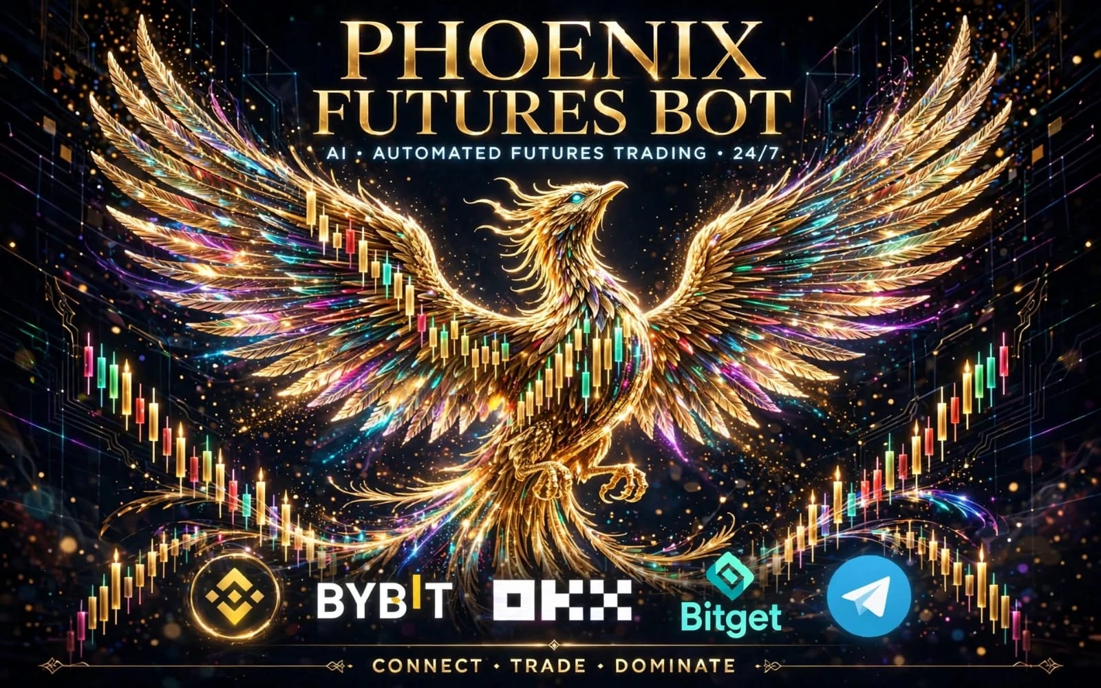 Phoenix Futures Bot banner for a professional AI crypto trading bot with glowing chart candles and winged phoenix