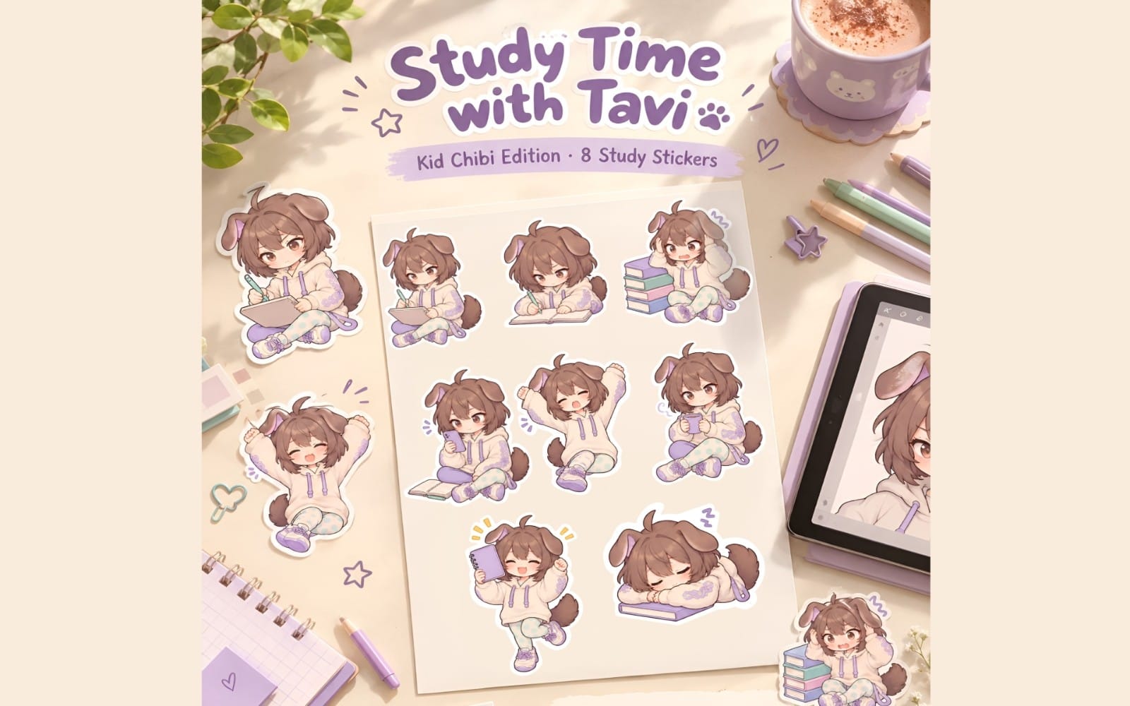 Study Time with Tavi kid chibi edition cute study stickers on a desk with pencils, tablet, and coffee cup