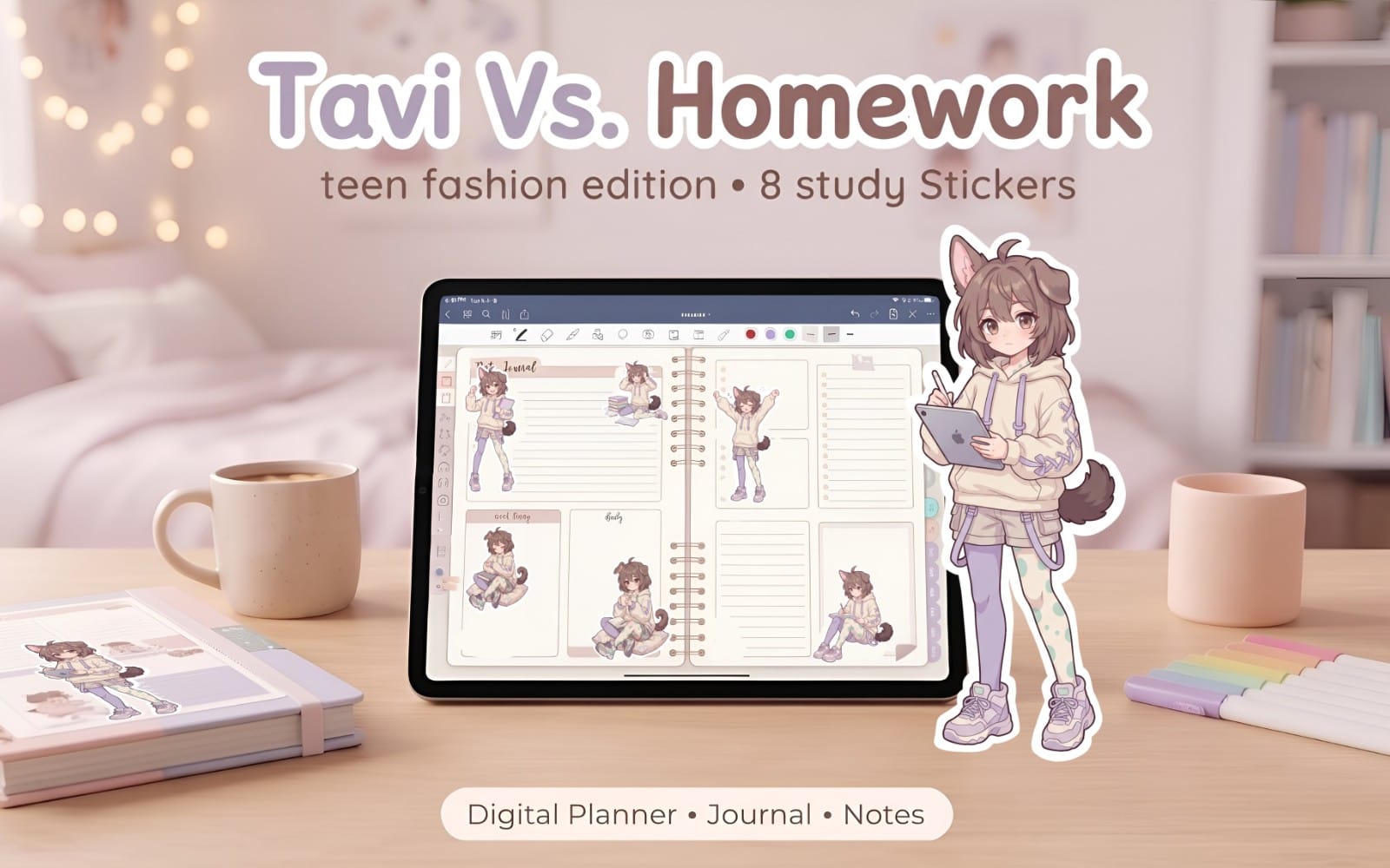 Cute chibi study sticker set for digital planners displayed beside a tablet showing notebook templates and teens theme