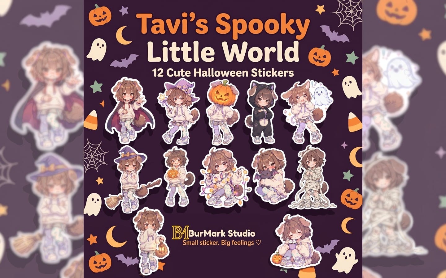 Tavi’s Spooky Little World — 12 Cute Kawaii Halloween Stickers | Original Chibi Character PNG Pack