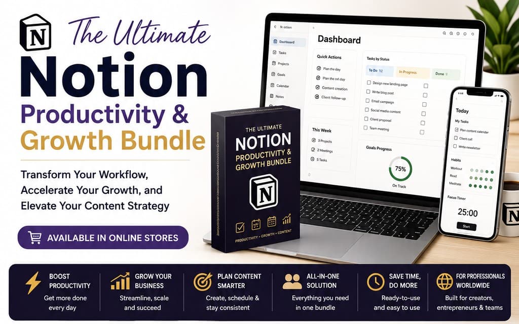 The Ultimate Notion Productivity & Growth Bundle Transform Your Workflow, Accelerate Your Growth, and Elevate Your Content Strategy