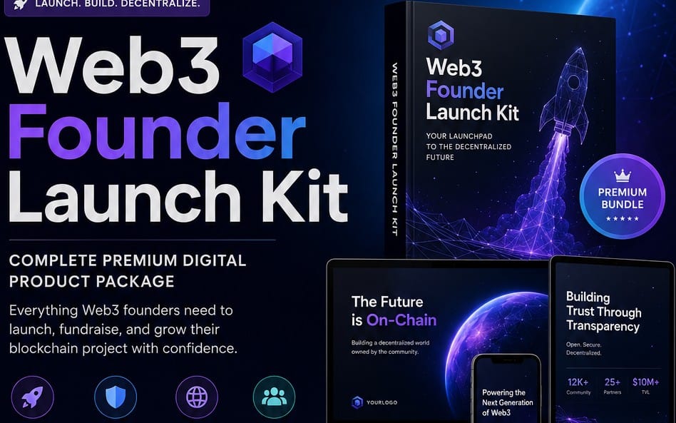 Web3 Founder Launch Kit A complete, ready-to-use toolkit for Web3 founders to plan and present a launch professionally.