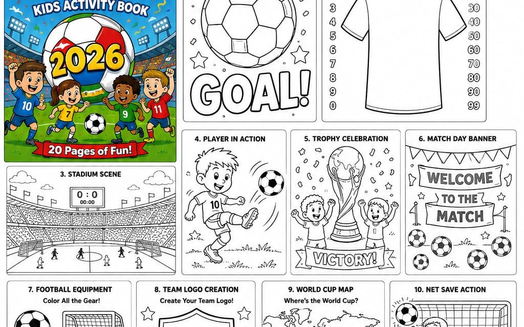 WORLD CUP 2026 KIDS ACTIVITY BOOK™ 20 Pages of Fun! FORMAT • PDF Printable • 8.5" × 11" (US Letter) • Kid-Friendly Black & White Interior • Thick Coloring Lines • Ages 4–10