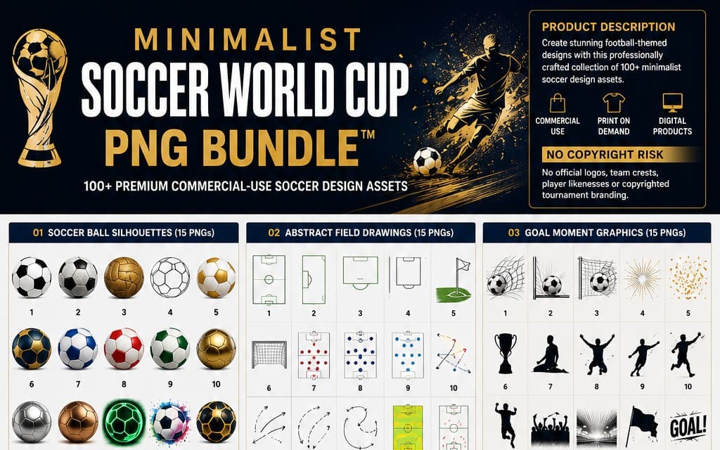 MINIMALIST SOCCER WORLD CUP PNG BUNDLE™ 100+ Premium Commercial-Use Soccer Design Assets