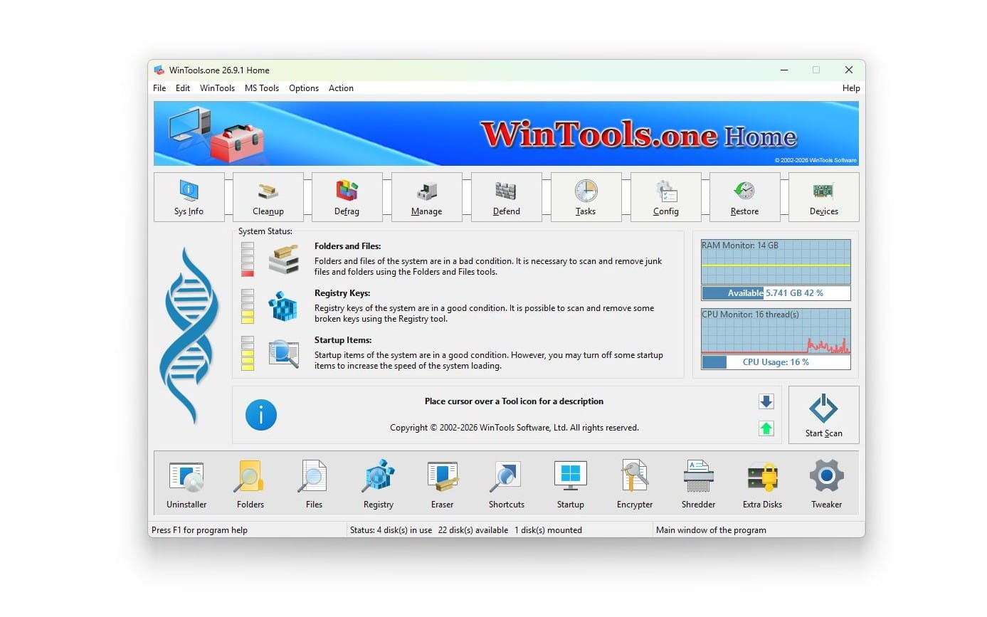 WinTools.one Home Windows system utility software interface with tool icons and status dashboard screenshot