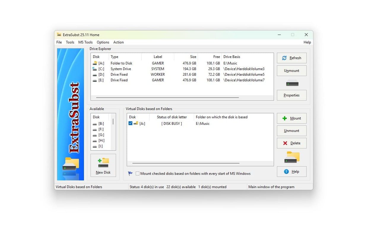 ExtraSubst virtual drive mounting software interface window showing disk explorer and mount options