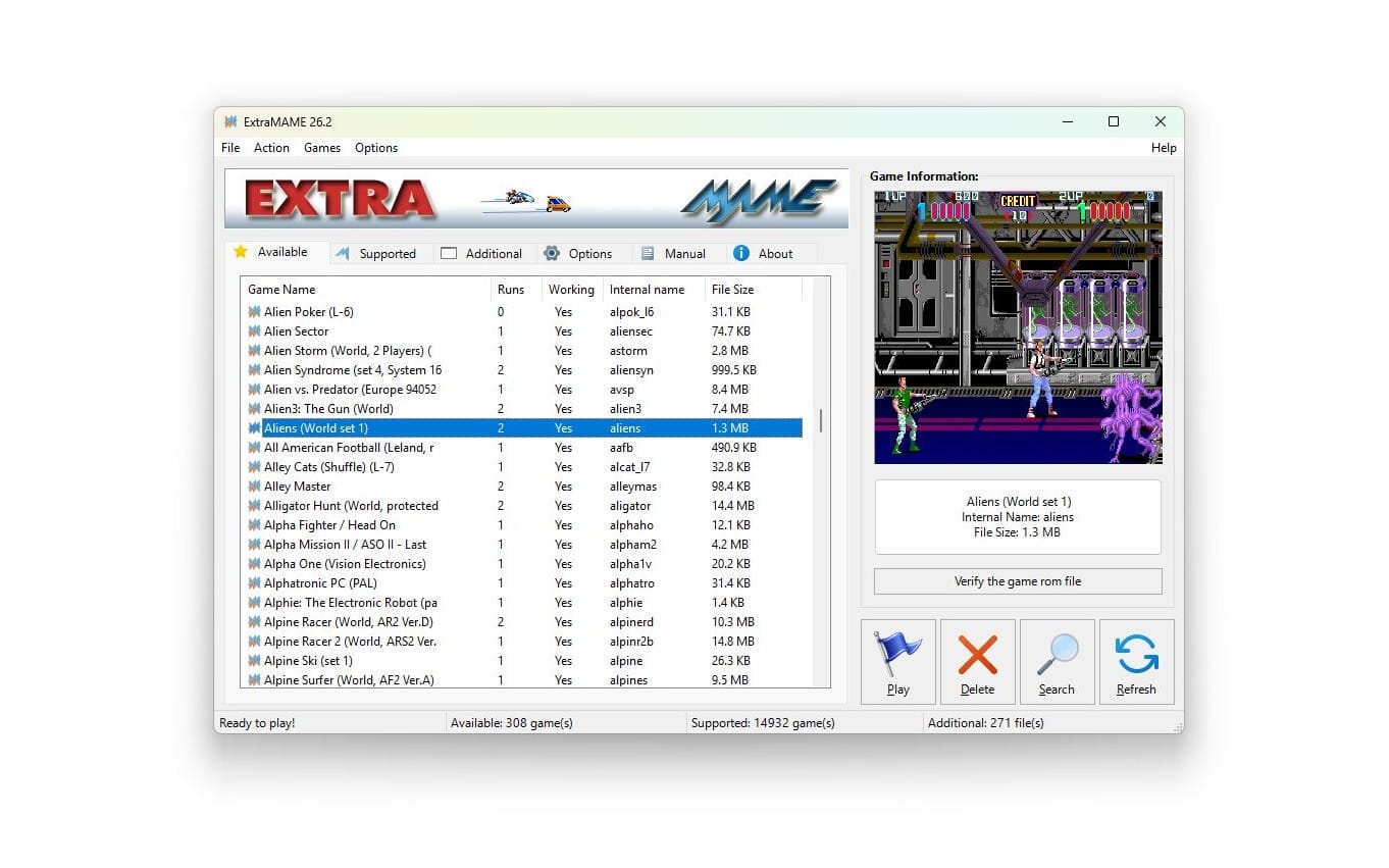 ExtraMAME 26.2 desktop emulator interface listing arcade games and showing a game preview