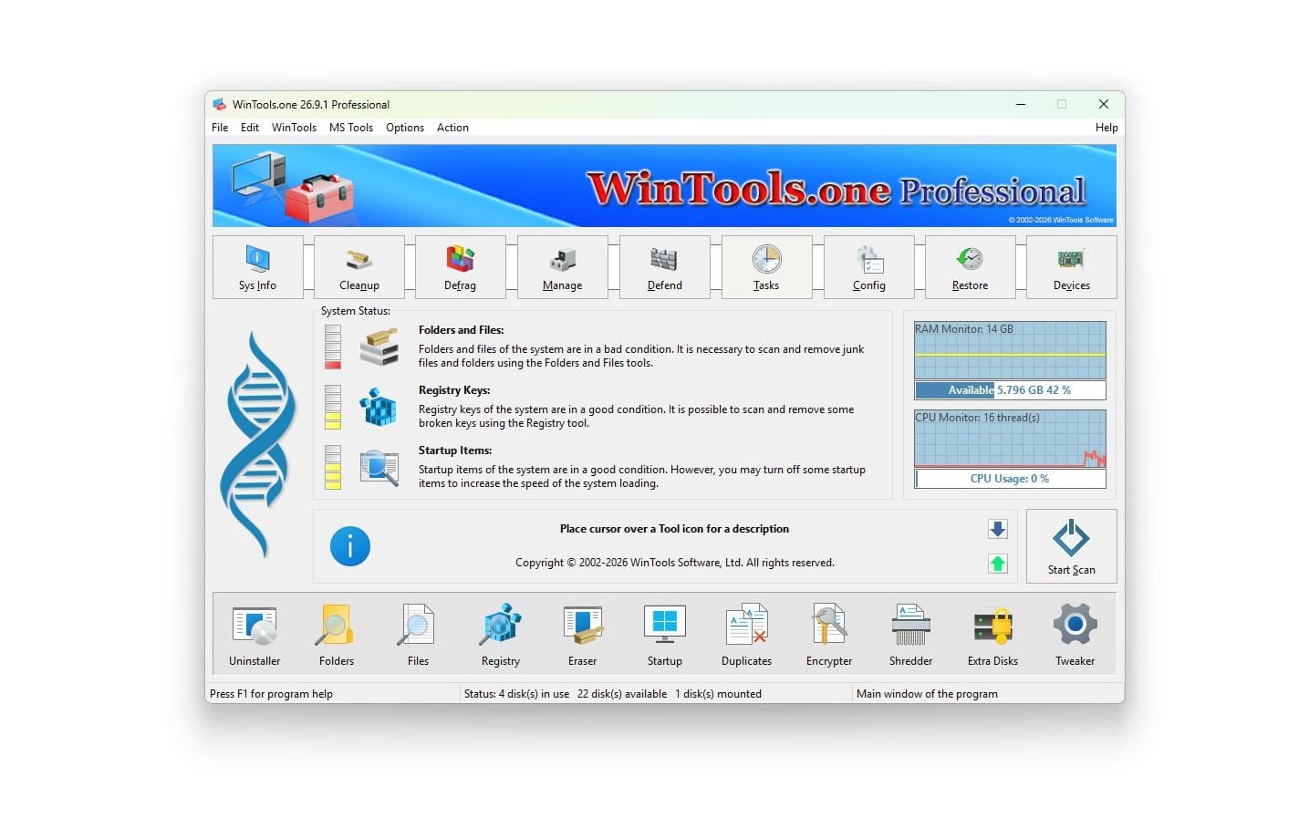 WinTools.one Professional system optimization software dashboard on Windows PC screen