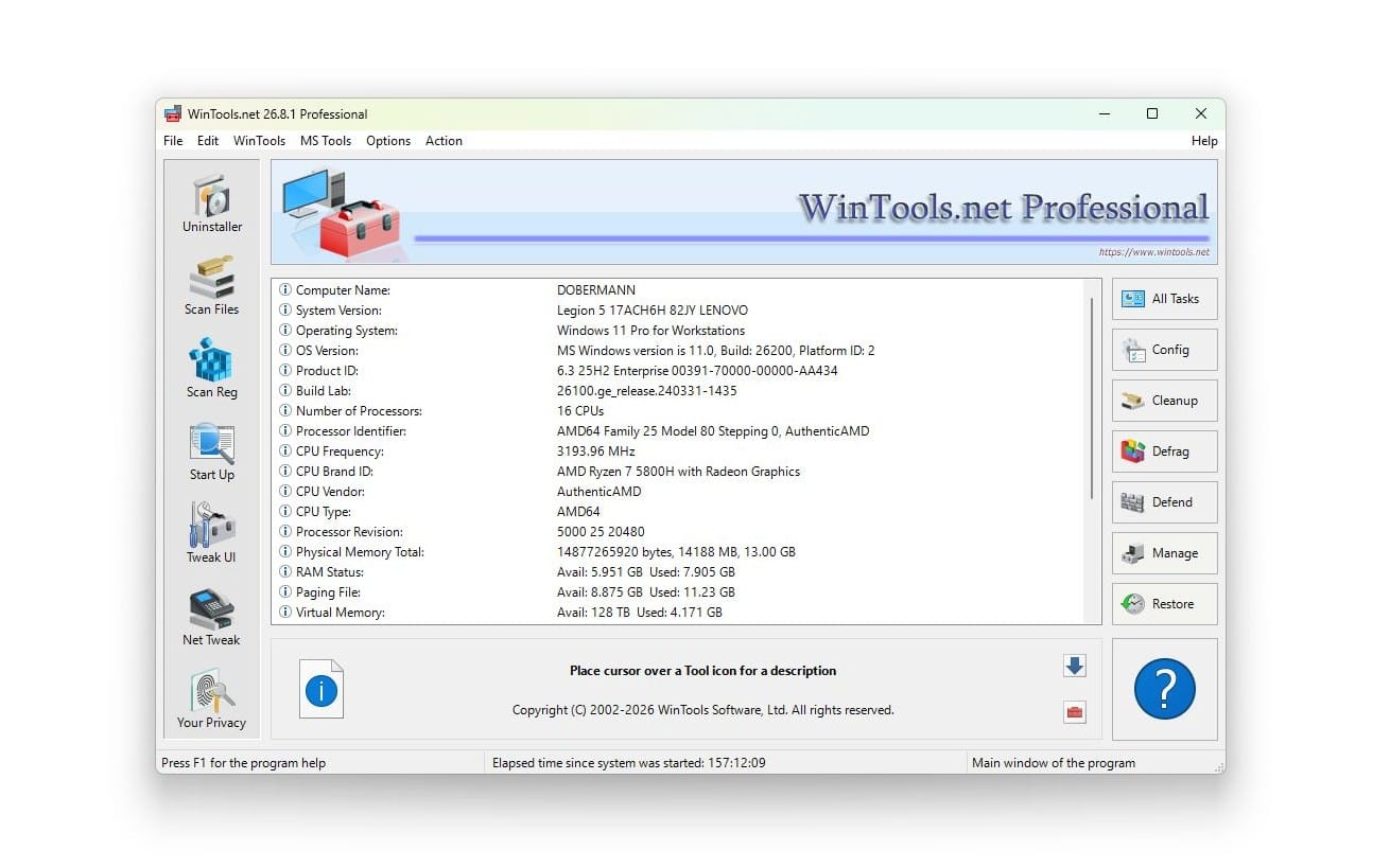 WinTools.net Professional software interface showing system information and task shortcuts on Windows desktop screen