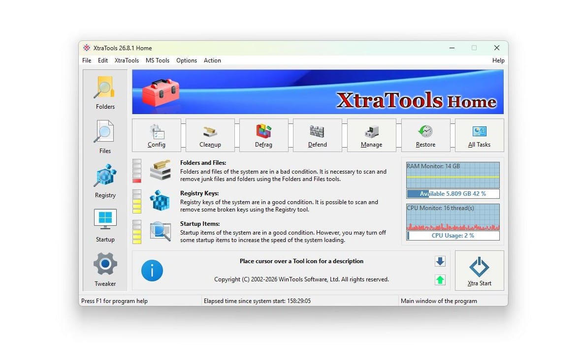 XtraTools Home desktop application window showing disk and system maintenance tool panels with RAM and CPU monitors