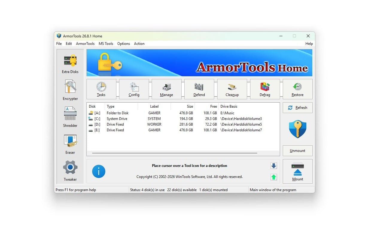 ArmorTools Home desktop software dashboard for disk management, with disk list and mount options