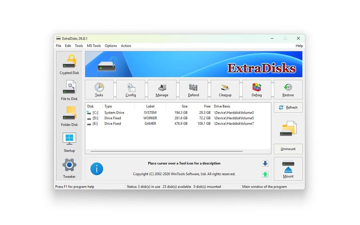 ExtraDisks Windows utility app showing disk management tools and drives list on a desktop screen