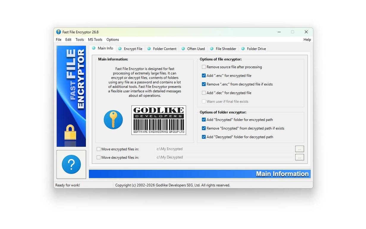 Fast File Encryptor desktop software window with file encryption and options checkboxes